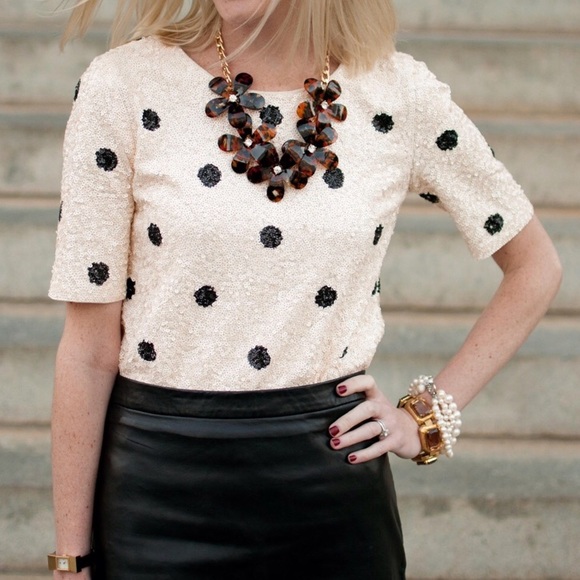 J. Crew Tops - J.Crew Sequin Cream Black Polka Dot Top